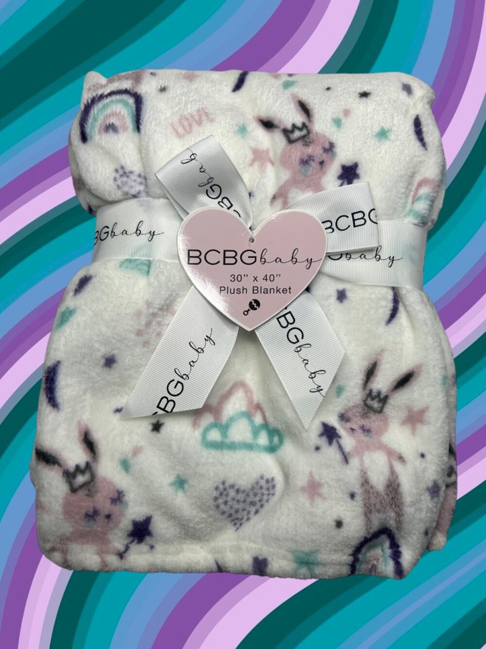 NWT BCBG Baby Blanket Princess Fairies Rainbows Hearts Moons Stars Plush Rabbit
